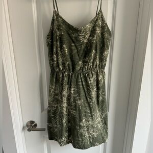 Waist-Defined Printed Slub-Knit Midi Dress in Olive floral